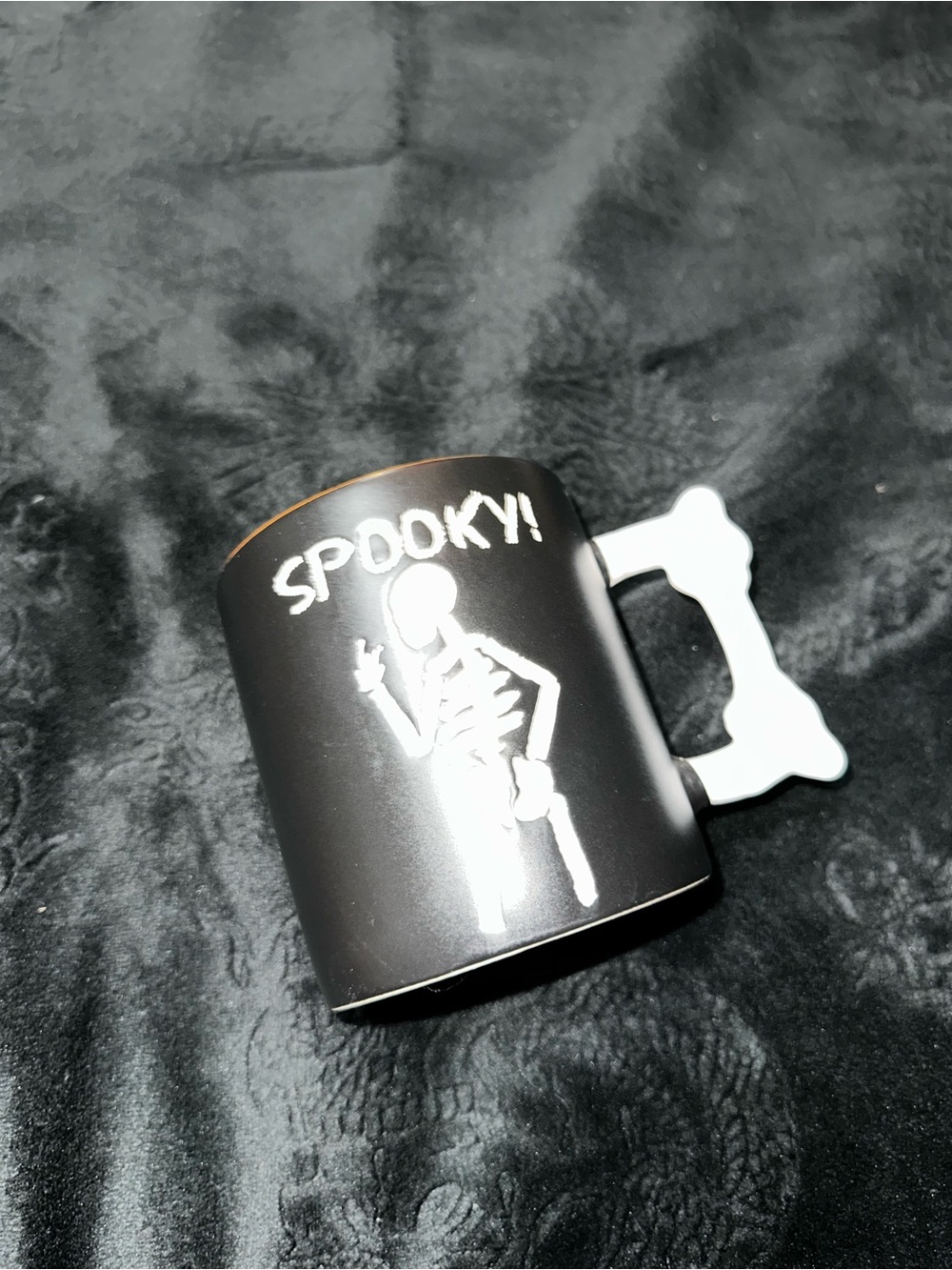 Black 'Spooky' Skeleton Halloween Coffee Mug with Bone Handle